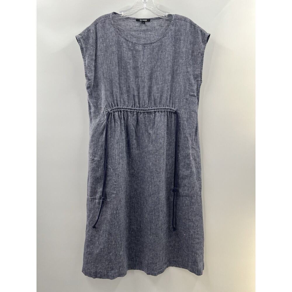 Kal Rieman Women’s Cap Sleeve Blue Linen Shift Dress Drawstring Front Size Small